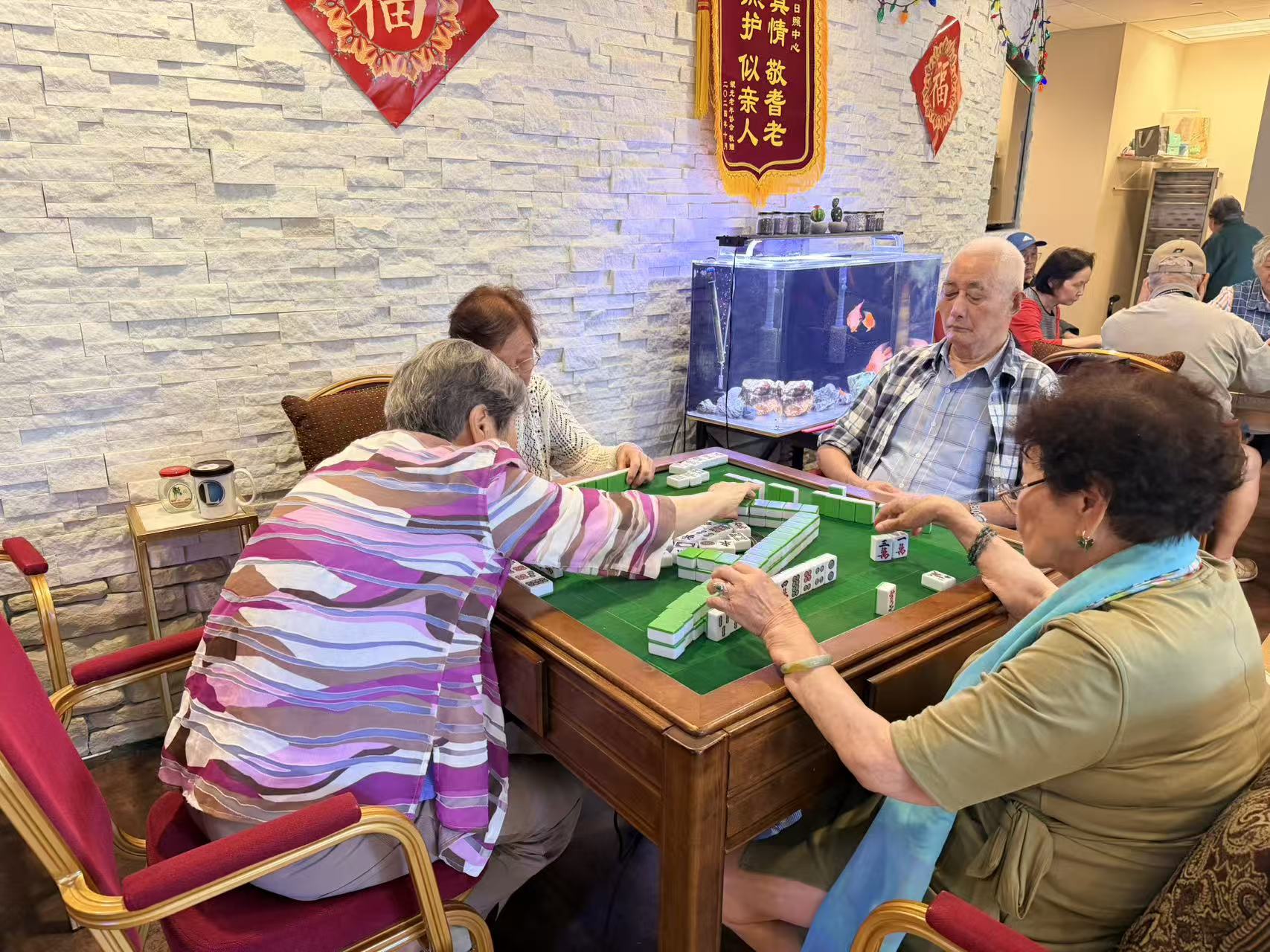 长者们在乐园打麻将、下棋
